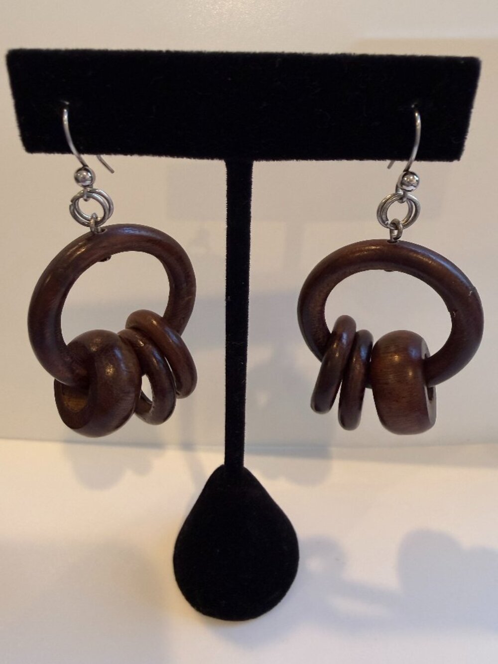 Vintage Carved Wood Knot Drop Earrings Boho Chunky Brown Dangle
